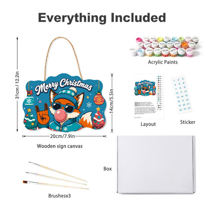 Bubble Gum Fox in Shades paint by numbers hanging sign – what's in the kit: the wooden sign, rope hanger, numbered paints and brushes