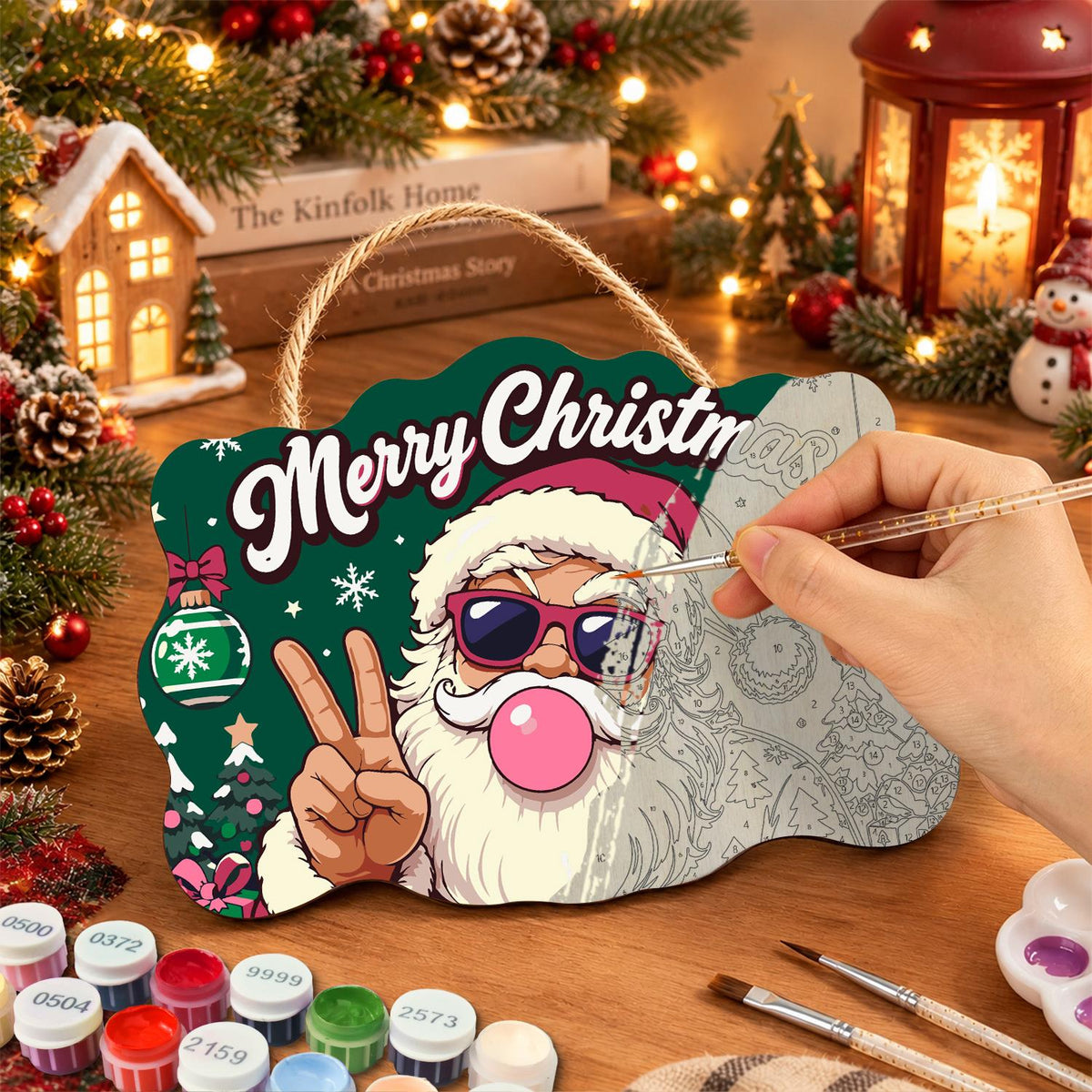 Pink-Coat Santa's Gum Bubble paint by numbers hanging sign – image 7