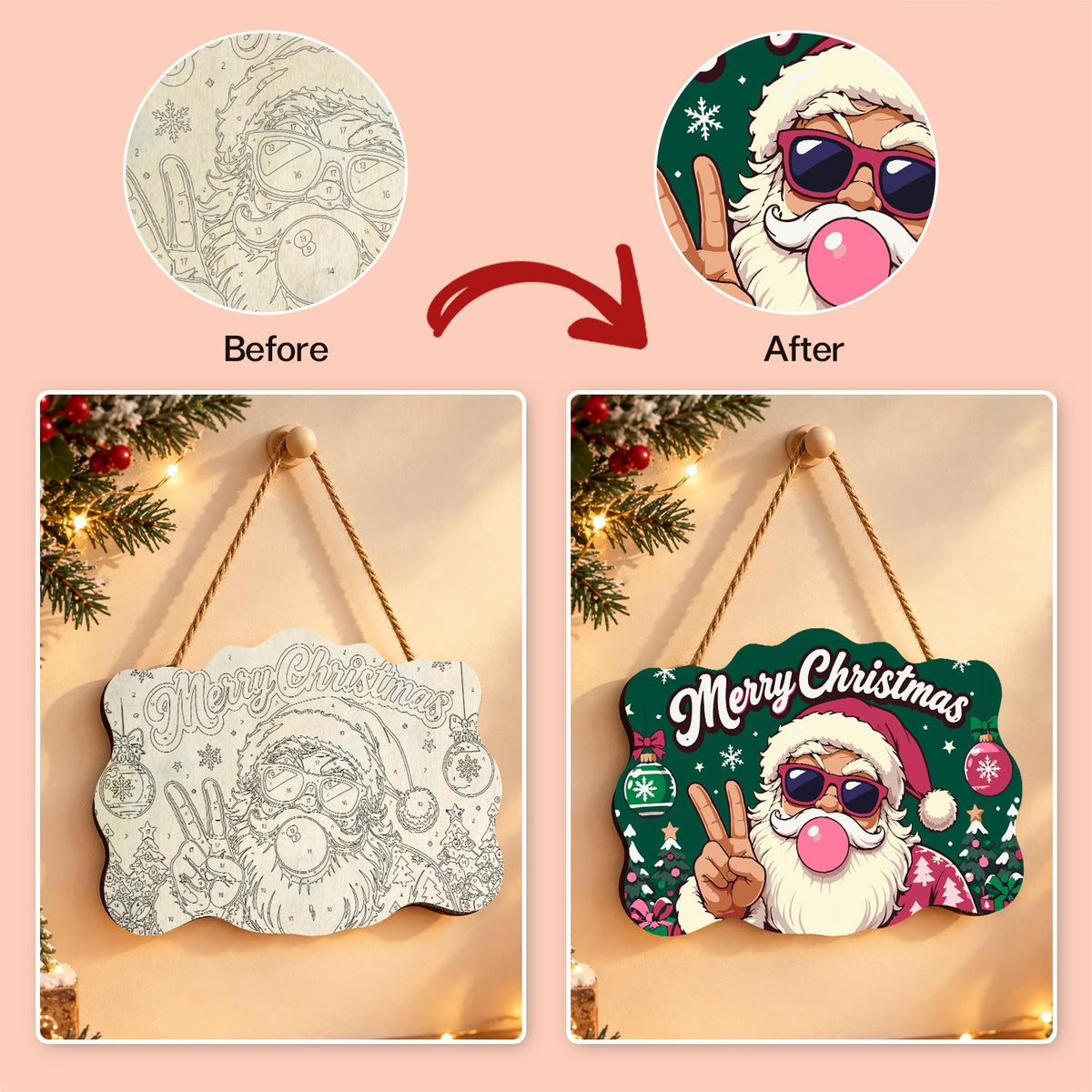 Pink-Coat Santa's Gum Bubble paint by numbers hanging sign – image 10