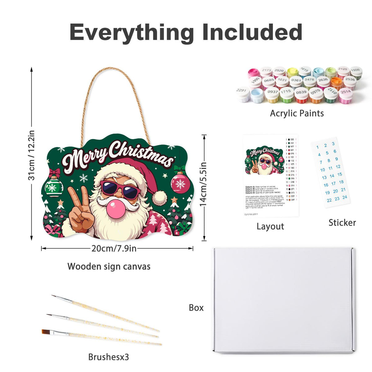 Pink-Coat Santa's Gum Bubble paint by numbers hanging sign – what's in the kit: the wooden sign, rope hanger, numbered paints and brushes