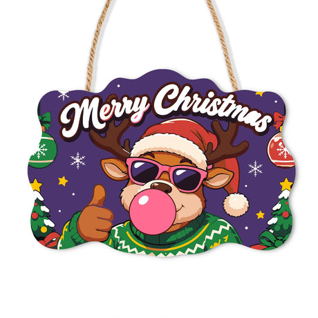 Thumbs-Up Reindeer Bubble Gum paint by numbers hanging sign – Reindeer in a Santa hat, pink sunglasses and green sweater giving a thumbs up while blowing pink bubble gum, on a wooden sign with a rope hanger