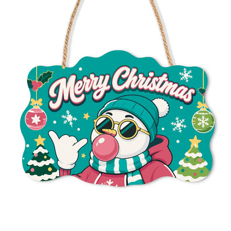 Beanie Snowman Bubble Gum Shaka paint by numbers hanging sign – Snowman in a teal beanie, sunglasses and scarf blowing pink bubble gum and making a hang-loose gesture, on a wooden sign with a rope hanger