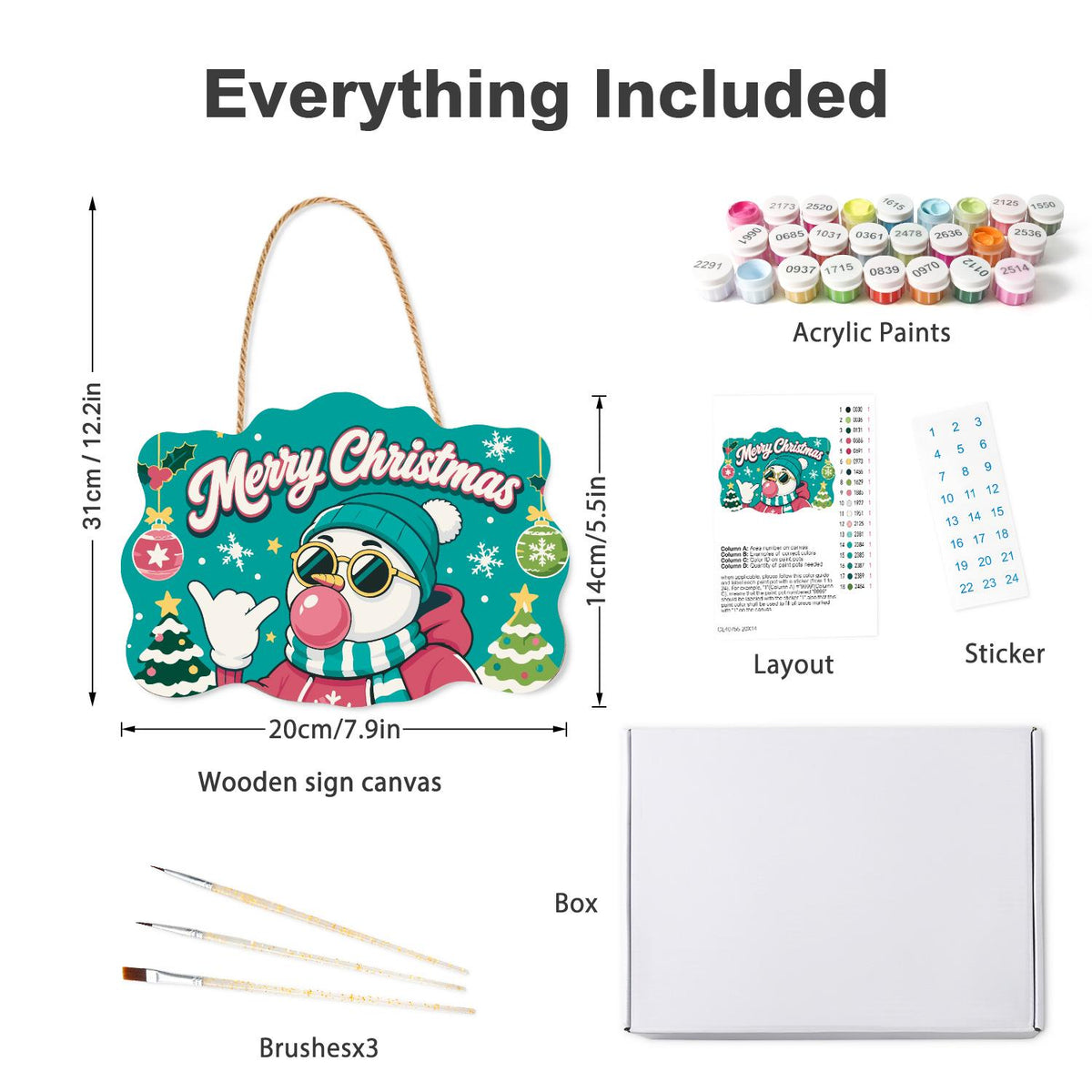 Beanie Snowman Bubble Gum Shaka paint by numbers hanging sign – what's in the kit: the wooden sign, rope hanger, numbered paints and brushes