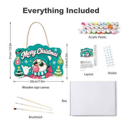 Beanie Snowman Bubble Gum Shaka paint by numbers hanging sign – what's in the kit: the wooden sign, rope hanger, numbered paints and brushes