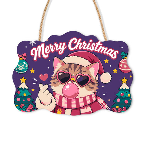 Heart Shades Cat Bubble Gum paint by numbers hanging sign – Tabby cat in a Santa hat and heart sunglasses blowing pink bubble gum and making a finger heart, on a wooden sign with a rope hanger