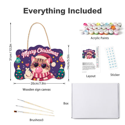Heart Shades Cat Bubble Gum paint by numbers hanging sign – what's in the kit: the wooden sign, rope hanger, numbered paints and brushes