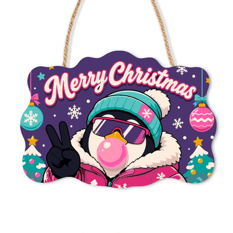 Puffer Jacket Penguin Bubble Gum paint by numbers hanging sign – Penguin in a teal beanie, pink goggles and pink puffer jacket blowing bubble gum with a peace gesture, on a wooden sign with a rope hanger