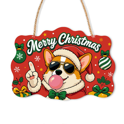 Bow Tie Corgi Bubble Gum Pop paint by numbers hanging sign – Corgi in a Santa hat, sunglasses and green bow tie blowing pink bubble gum on a red background, on a wooden sign with a rope hanger