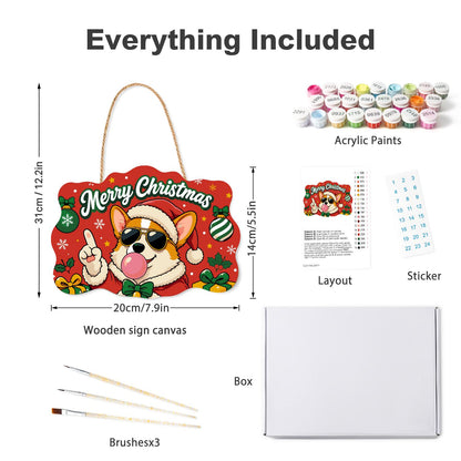 Bow Tie Corgi Bubble Gum Pop paint by numbers hanging sign – what's in the kit: the wooden sign, rope hanger, numbered paints and brushes