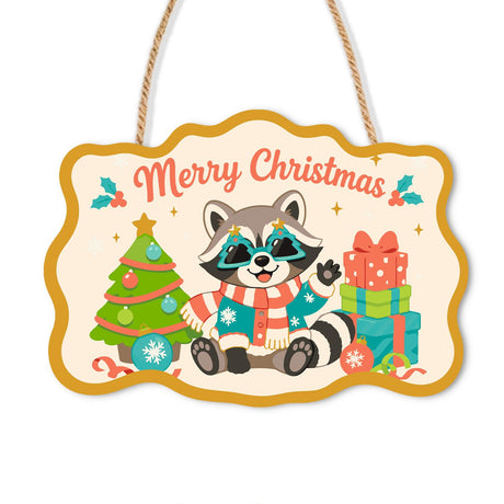 Raccoon in Teal Tree Shades paint by numbers hanging sign – Raccoon in teal sunglasses and a striped scarf sitting between a Christmas tree and a stack of gifts, on a wooden sign with a rope hanger
