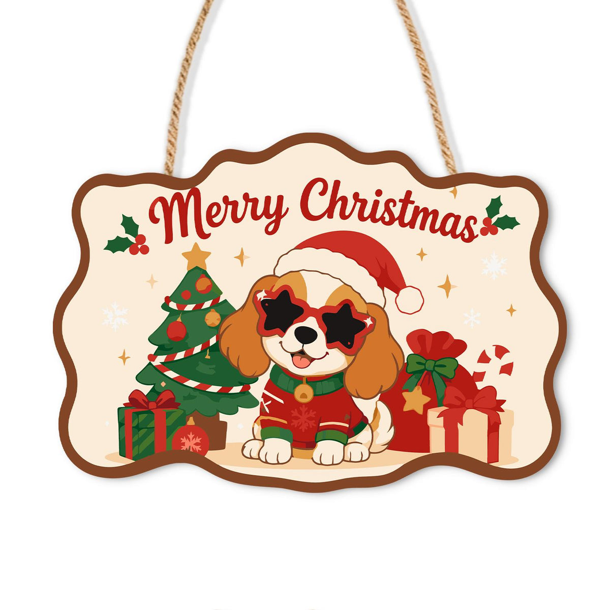 Star Shades Spaniel Puppy paint by numbers hanging sign – Spaniel puppy in a Santa hat, star-shaped sunglasses and red sweater beside a Christmas tree and gifts, on a wooden sign with a rope hanger