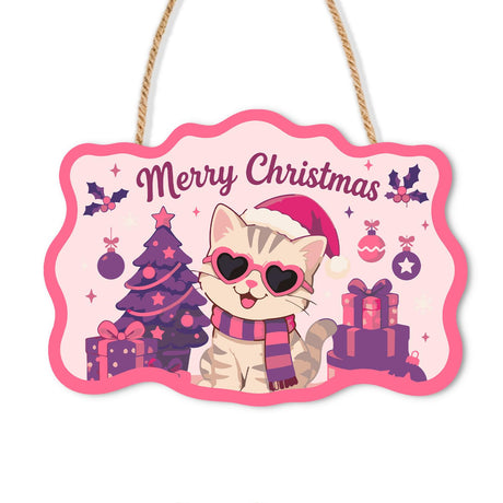 Pink Frame Tabby in Heart Shades paint by numbers hanging sign – Tabby cat in a Santa hat, heart sunglasses and striped scarf beside a purple tree and gifts, on a wooden sign with a rope hanger