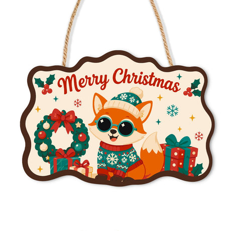 Fox in Shades by the Wreath paint by numbers hanging sign – Fox in a knit hat, teal sunglasses and patterned sweater beside a holly wreath and wrapped gifts, on a wooden sign with a rope hanger