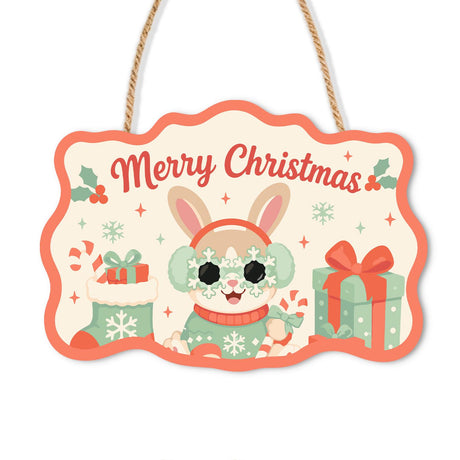 Mint Sweater Bunny in Shades paint by numbers hanging sign – Bunny in snowflake sunglasses and a mint sweater beside a candy cane, stocking and gift, on a wooden sign with a rope hanger