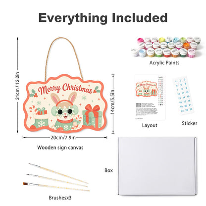 Mint Sweater Bunny in Shades paint by numbers hanging sign – what's in the kit: the wooden sign, rope hanger, numbered paints and brushes