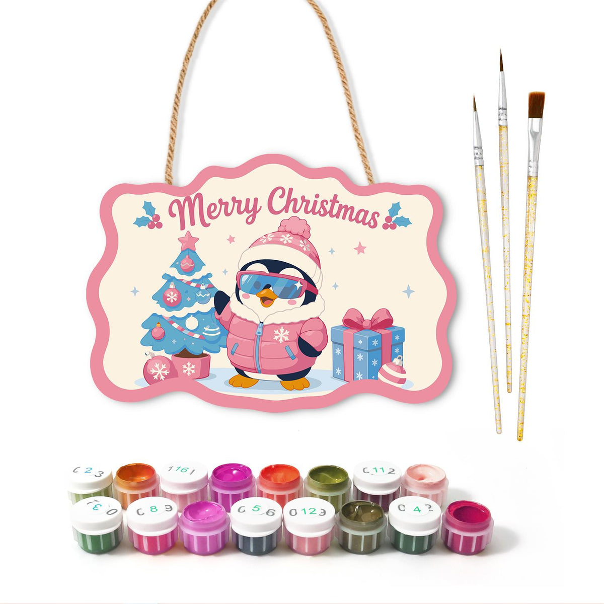 Pink Puffer Penguin Christmas paint by numbers hanging sign – image 2
