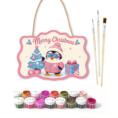 Pink Puffer Penguin Christmas paint by numbers hanging sign – image 2