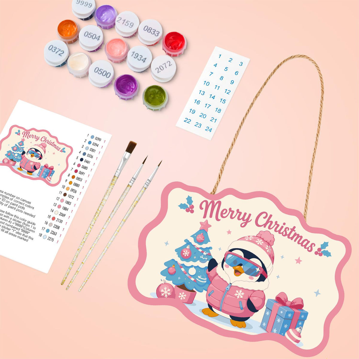 Pink Puffer Penguin Christmas paint by numbers hanging sign – image 4