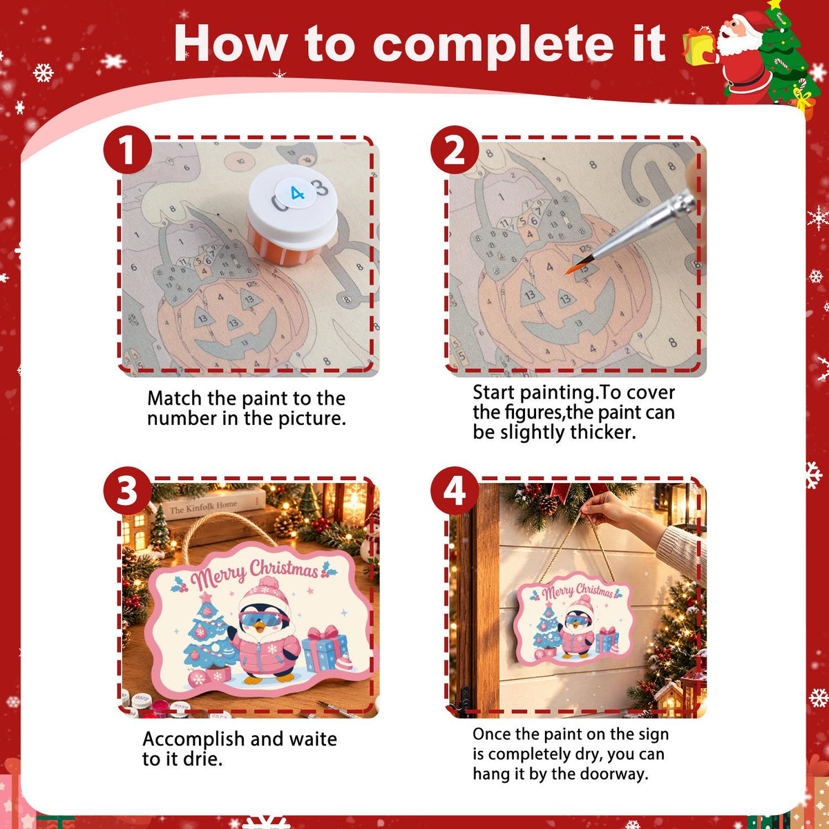 Pink Puffer Penguin Christmas paint by numbers hanging sign – image 6