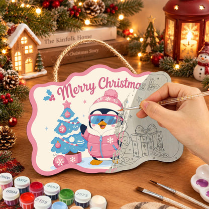 Pink Puffer Penguin Christmas paint by numbers hanging sign – image 7