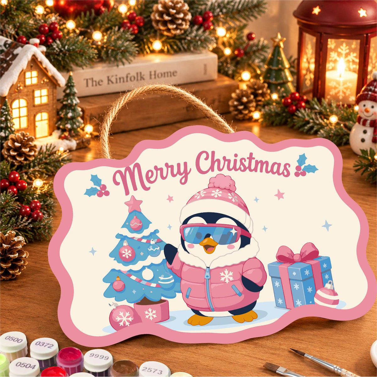 Pink Puffer Penguin Christmas paint by numbers hanging sign – image 8