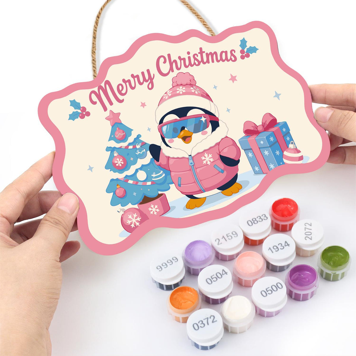 Pink Puffer Penguin Christmas paint by numbers hanging sign – image 9