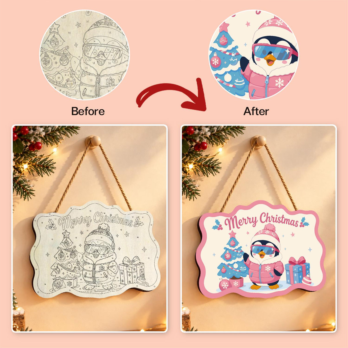 Pink Puffer Penguin Christmas paint by numbers hanging sign – image 10