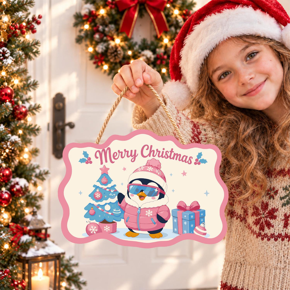 Pink Puffer Penguin Christmas paint by numbers hanging sign – image 13