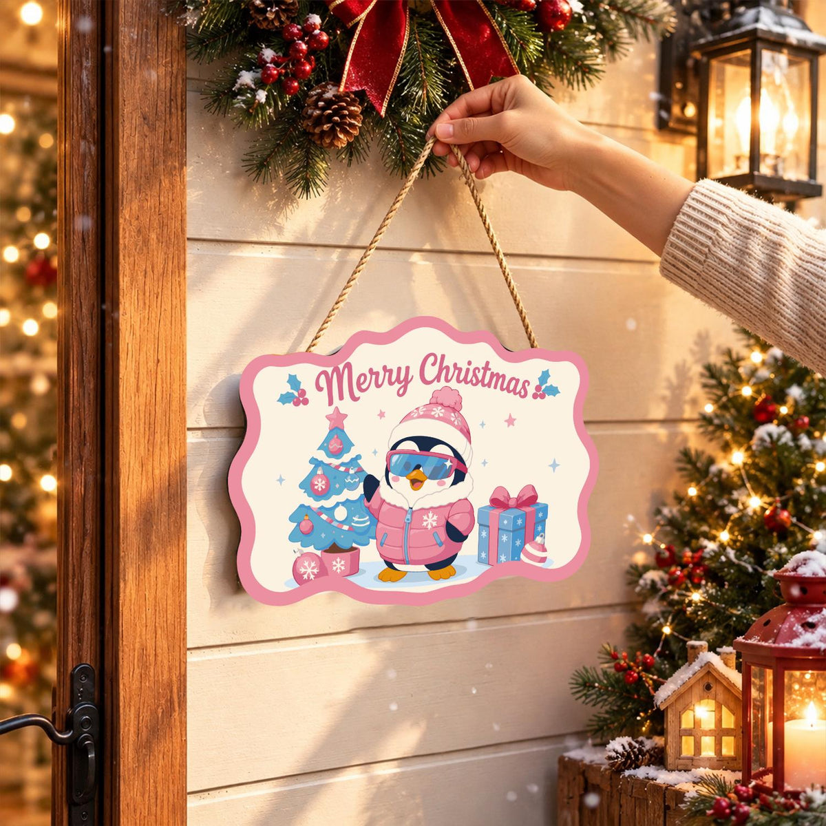 Pink Puffer Penguin Christmas paint by numbers hanging sign – image 14