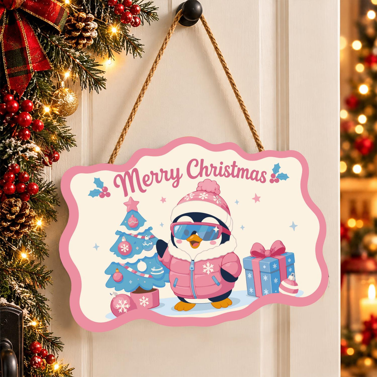 Pink Puffer Penguin Christmas paint by numbers hanging sign – image 16