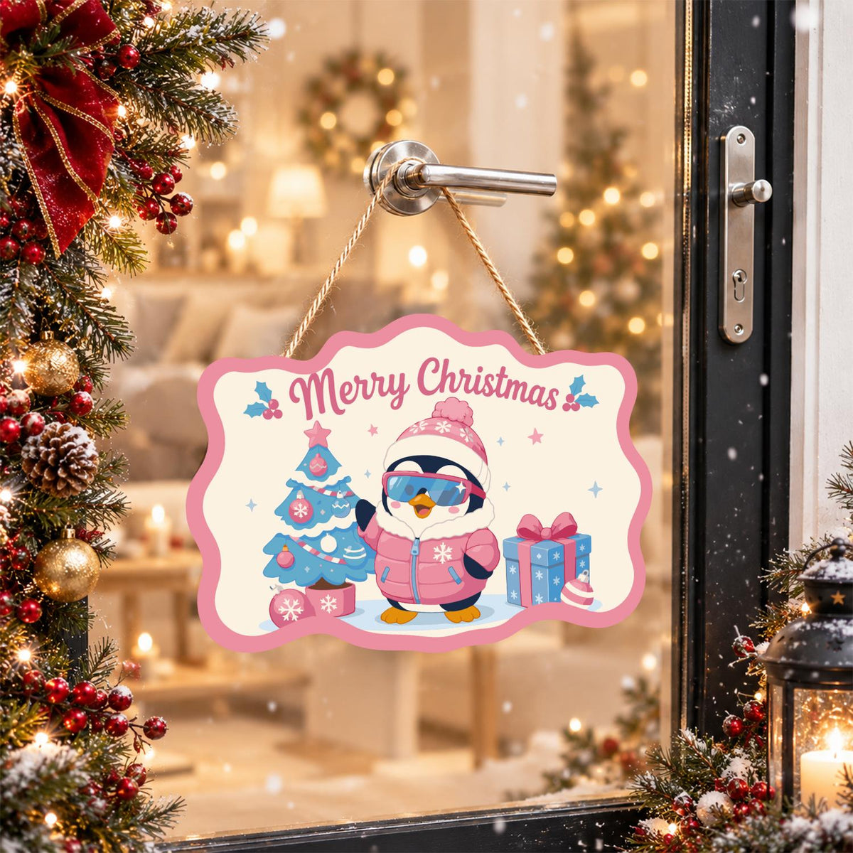 Pink Puffer Penguin Christmas paint by numbers hanging sign – image 17