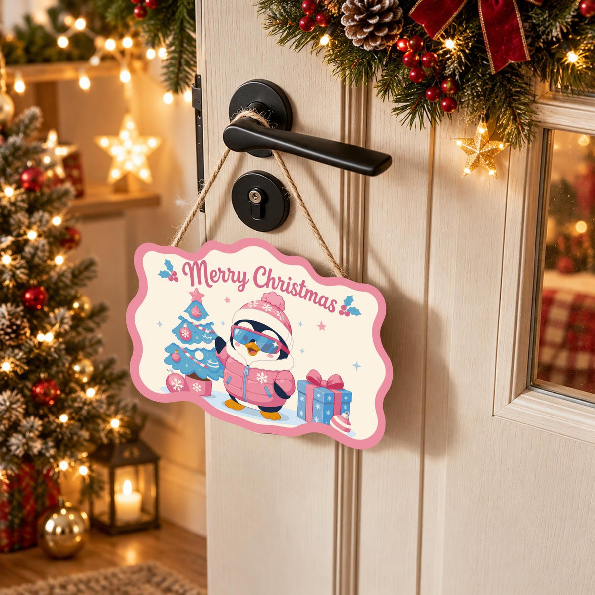 Pink Puffer Penguin Christmas paint by numbers hanging sign – image 18