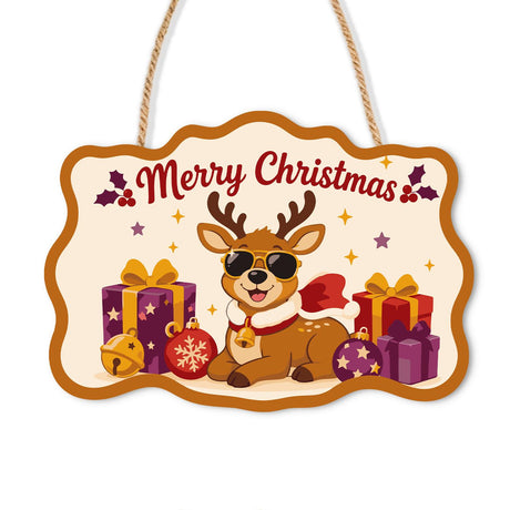 Lounging Reindeer in Sunglasses paint by numbers hanging sign – Reindeer in sunglasses and a red scarf lying among purple gifts, a bell and ornaments, on a wooden sign with a rope hanger