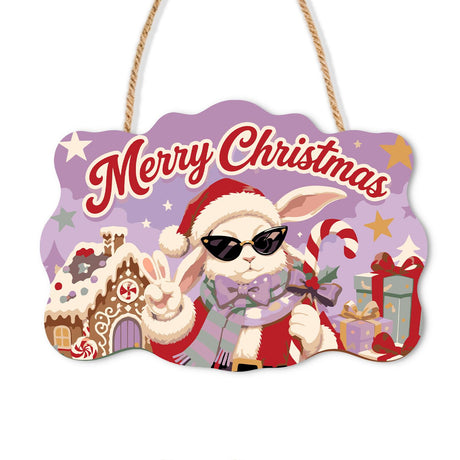 Cool Bunny's Gingerbread Cottage paint by numbers hanging sign – White bunny in a Santa hat and sunglasses making a peace gesture beside a gingerbread house and candy cane, on a wooden sign with a rope hanger