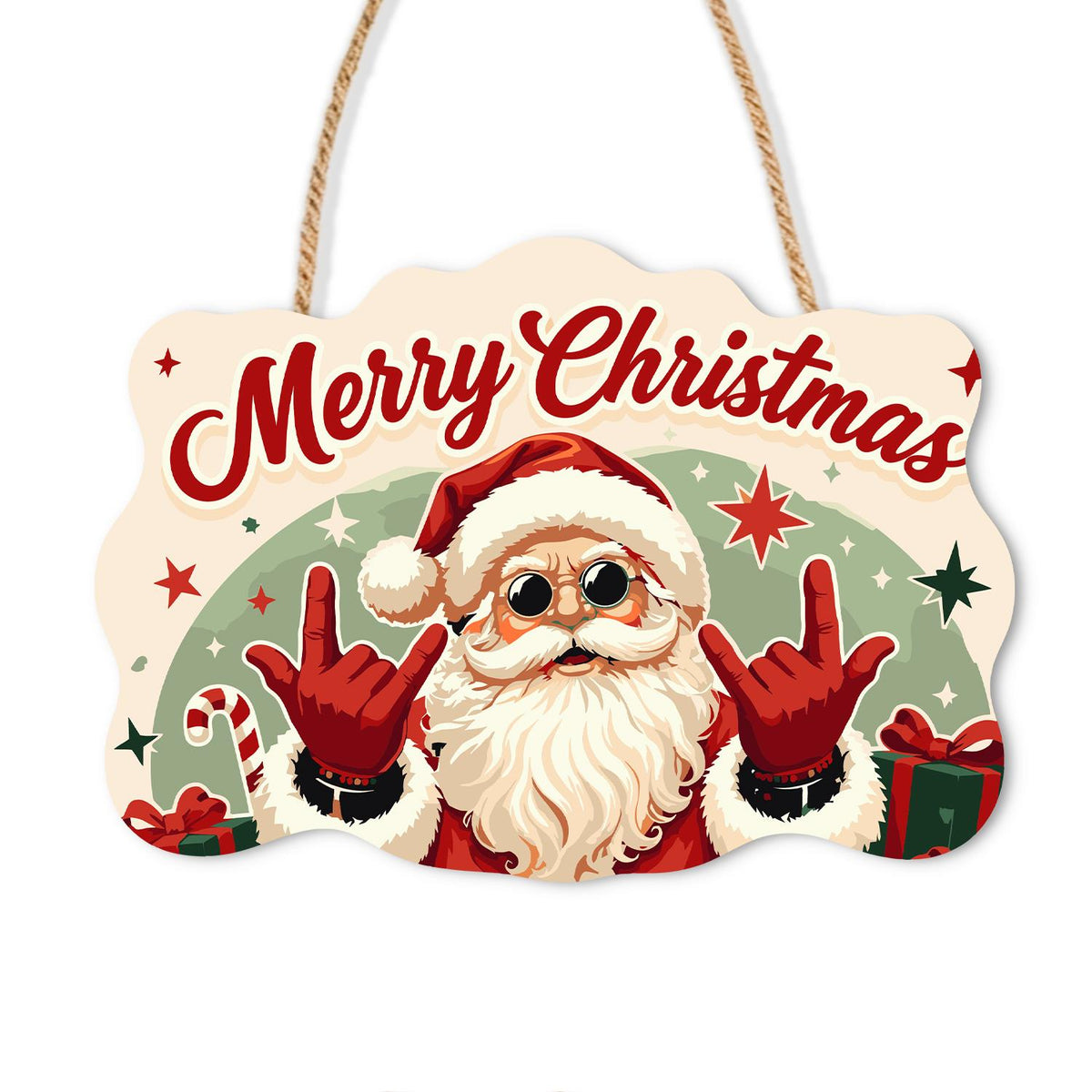 Rock-on Santa with Both Hands paint by numbers hanging sign – Santa in round sunglasses making rock-on gestures with both hands in front of a green arch, on a wooden sign with a rope hanger