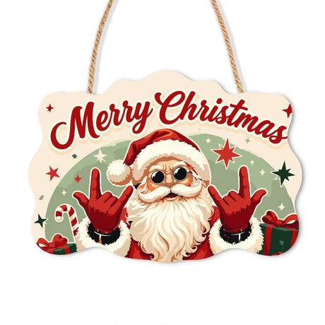 Rock-on Santa with Both Hands paint by numbers hanging sign – Santa in round sunglasses making rock-on gestures with both hands in front of a green arch, on a wooden sign with a rope hanger