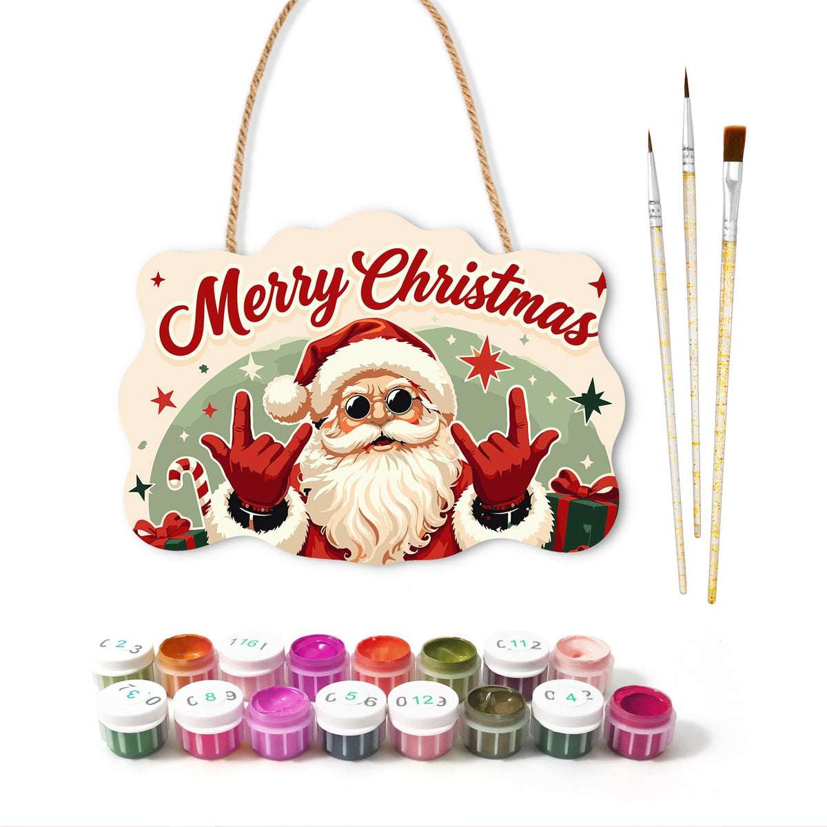 Rock-on Santa with Both Hands paint by numbers hanging sign – image 2