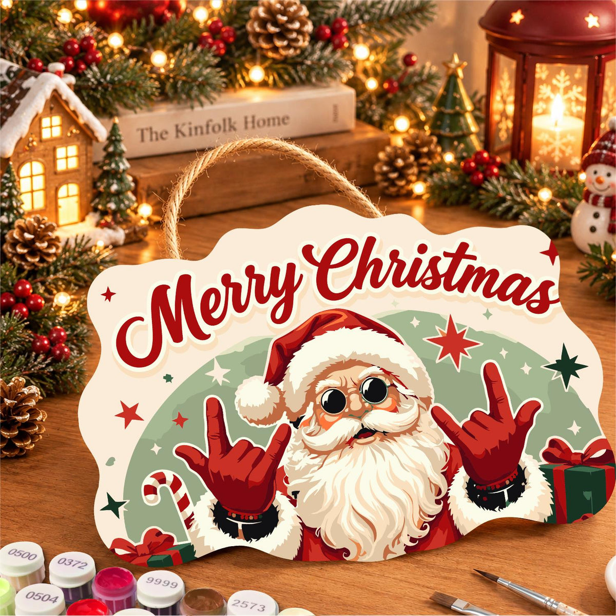 Rock-on Santa with Both Hands paint by numbers hanging sign – image 8
