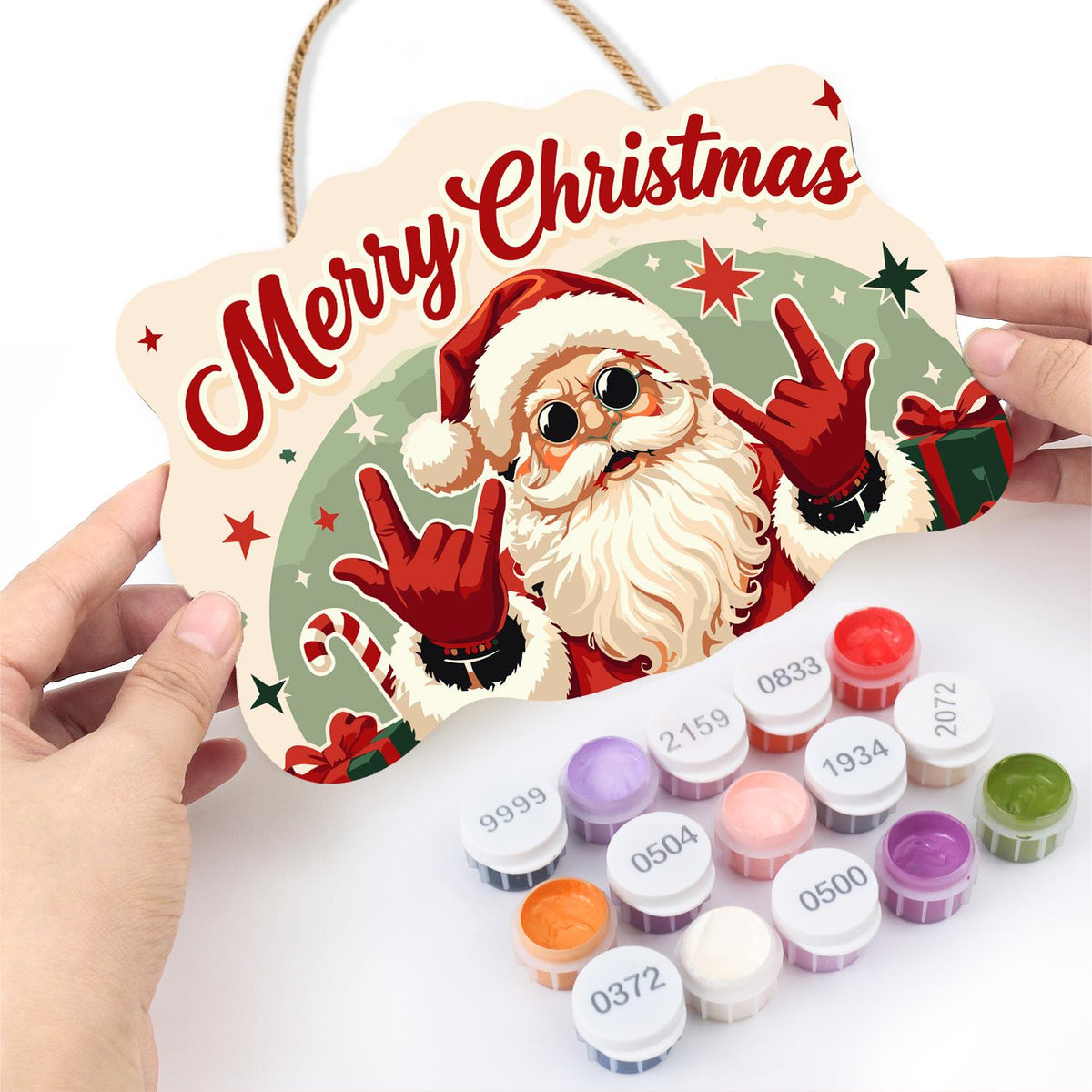 Rock-on Santa with Both Hands paint by numbers hanging sign – image 9