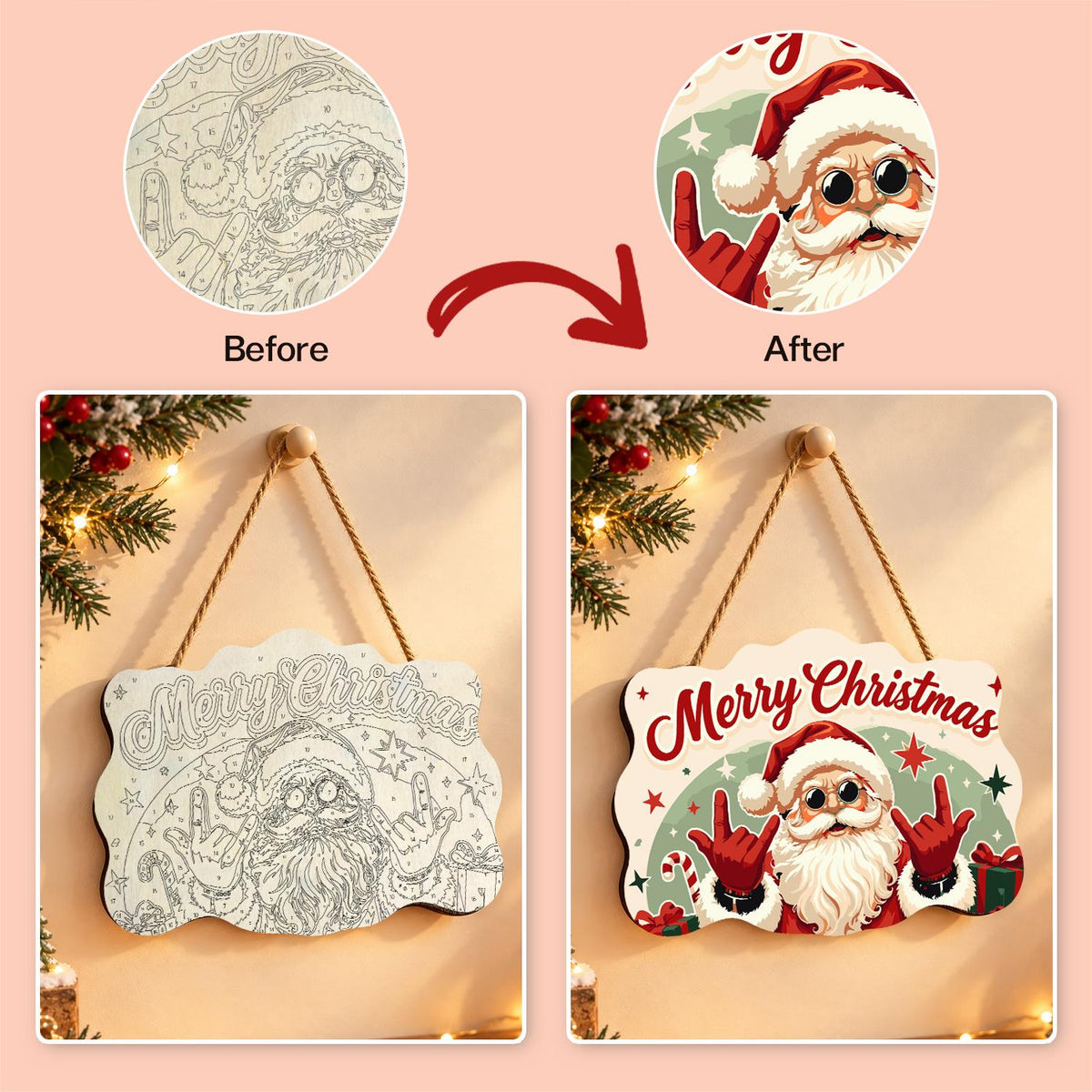 Rock-on Santa with Both Hands paint by numbers hanging sign – image 10