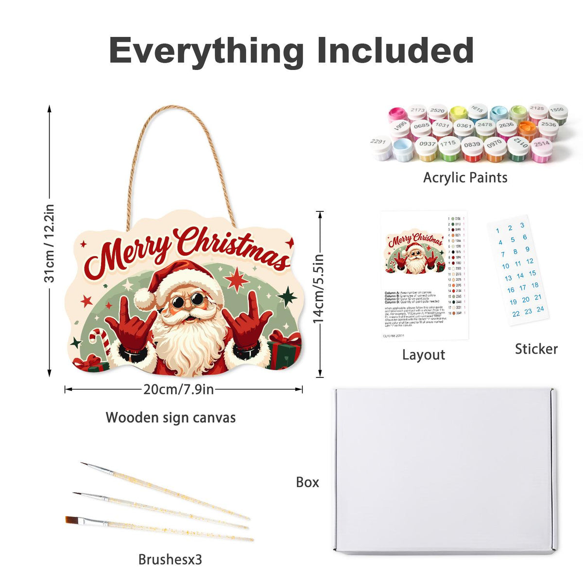 Rock-on Santa with Both Hands paint by numbers hanging sign – what's in the kit: the wooden sign, rope hanger, numbered paints and brushes