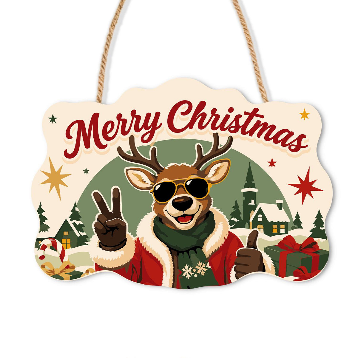Peace-Out Reindeer in Santa Coat paint by numbers hanging sign – Reindeer in sunglasses and a red Santa coat giving a peace gesture and thumbs up before a snowy village, on a wooden sign with a rope hanger