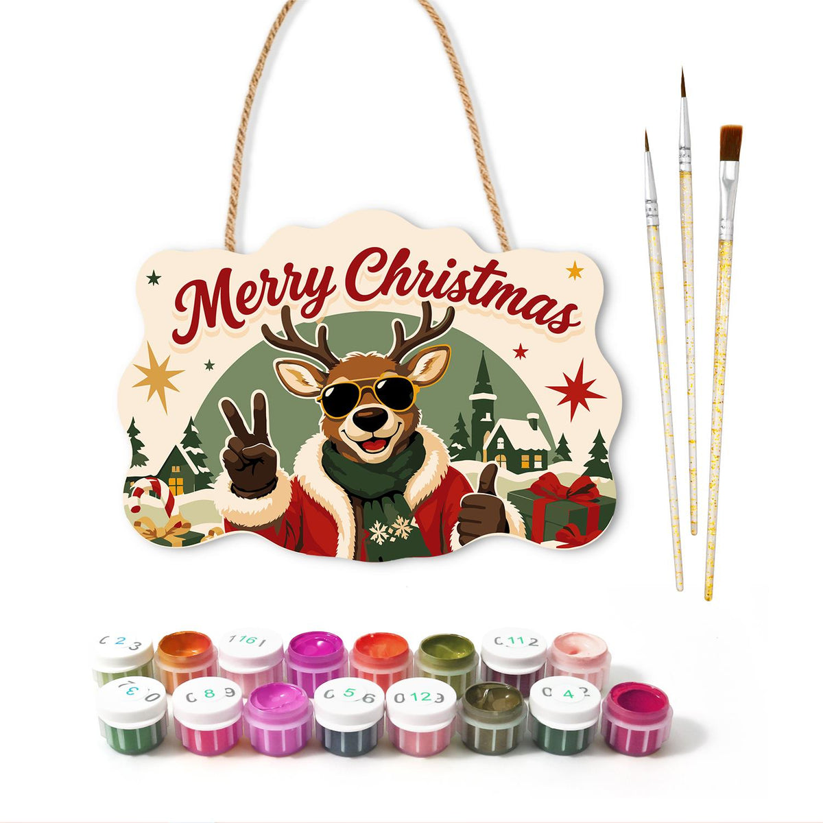 Peace-Out Reindeer in Santa Coat paint by numbers hanging sign – image 2