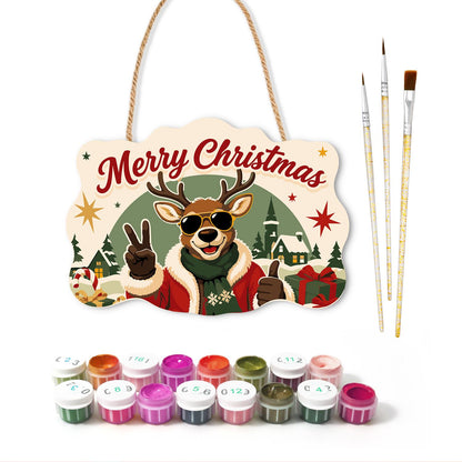 Peace-Out Reindeer in Santa Coat paint by numbers hanging sign – image 2