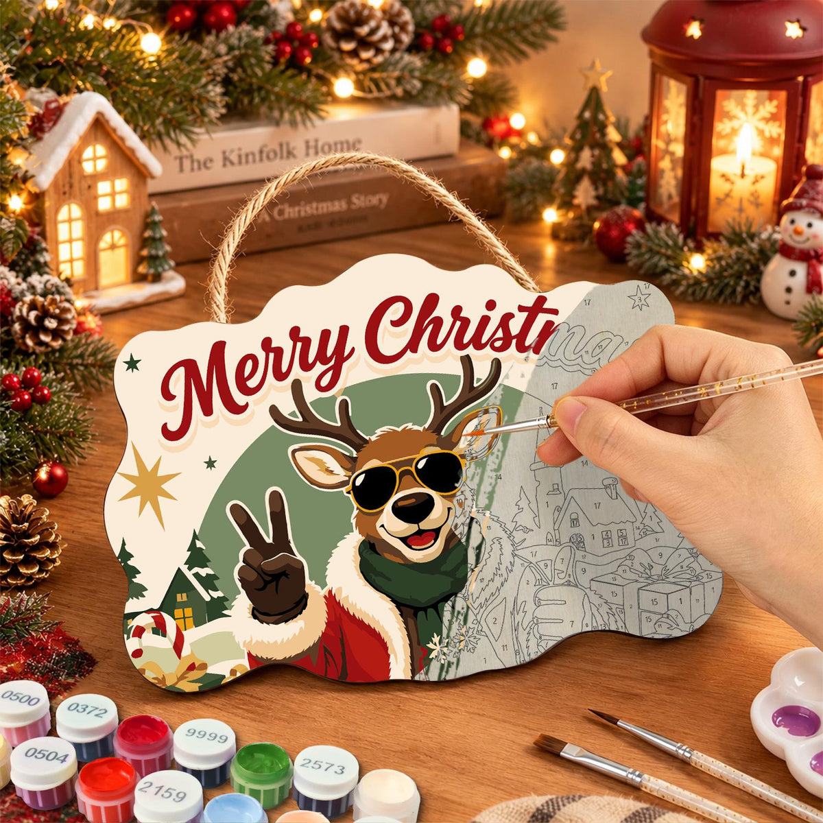 Peace-Out Reindeer in Santa Coat paint by numbers hanging sign – image 7