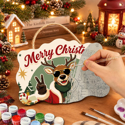 Peace-Out Reindeer in Santa Coat paint by numbers hanging sign – image 7