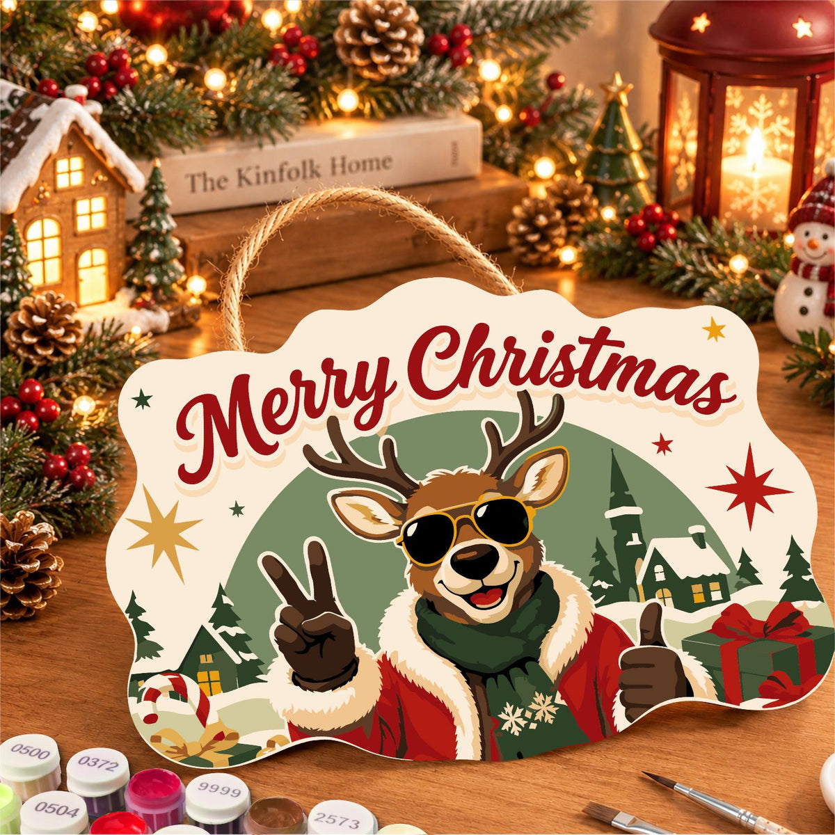 Peace-Out Reindeer in Santa Coat paint by numbers hanging sign – image 8