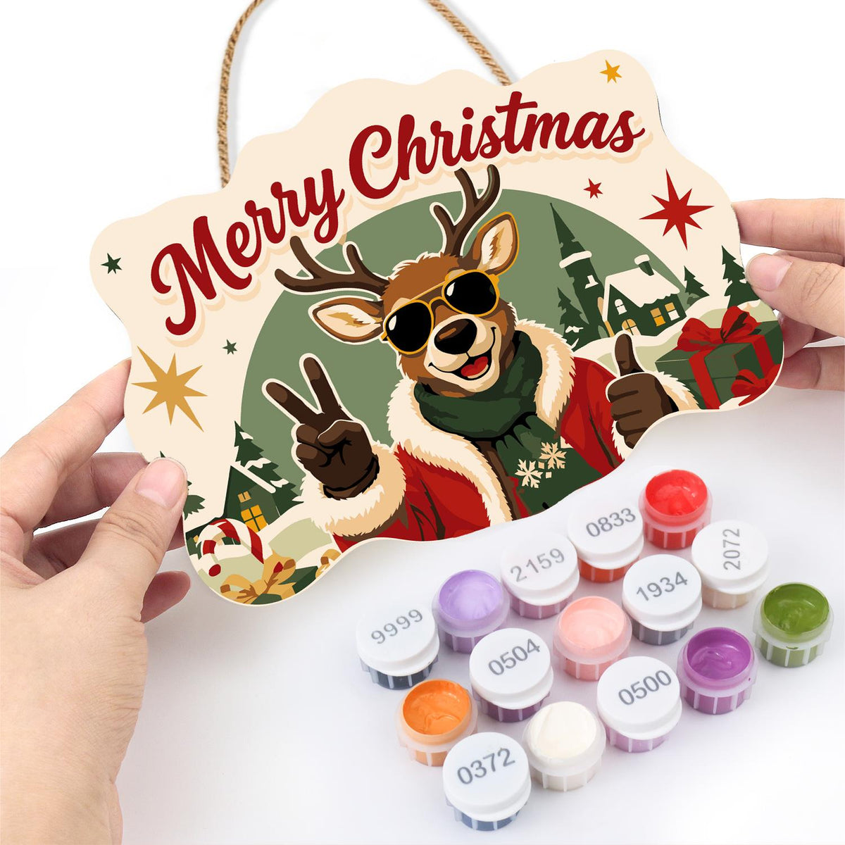 Peace-Out Reindeer in Santa Coat paint by numbers hanging sign – image 9