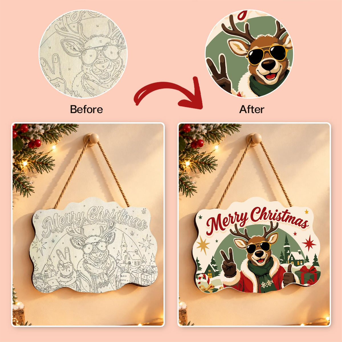 Peace-Out Reindeer in Santa Coat paint by numbers hanging sign – image 10