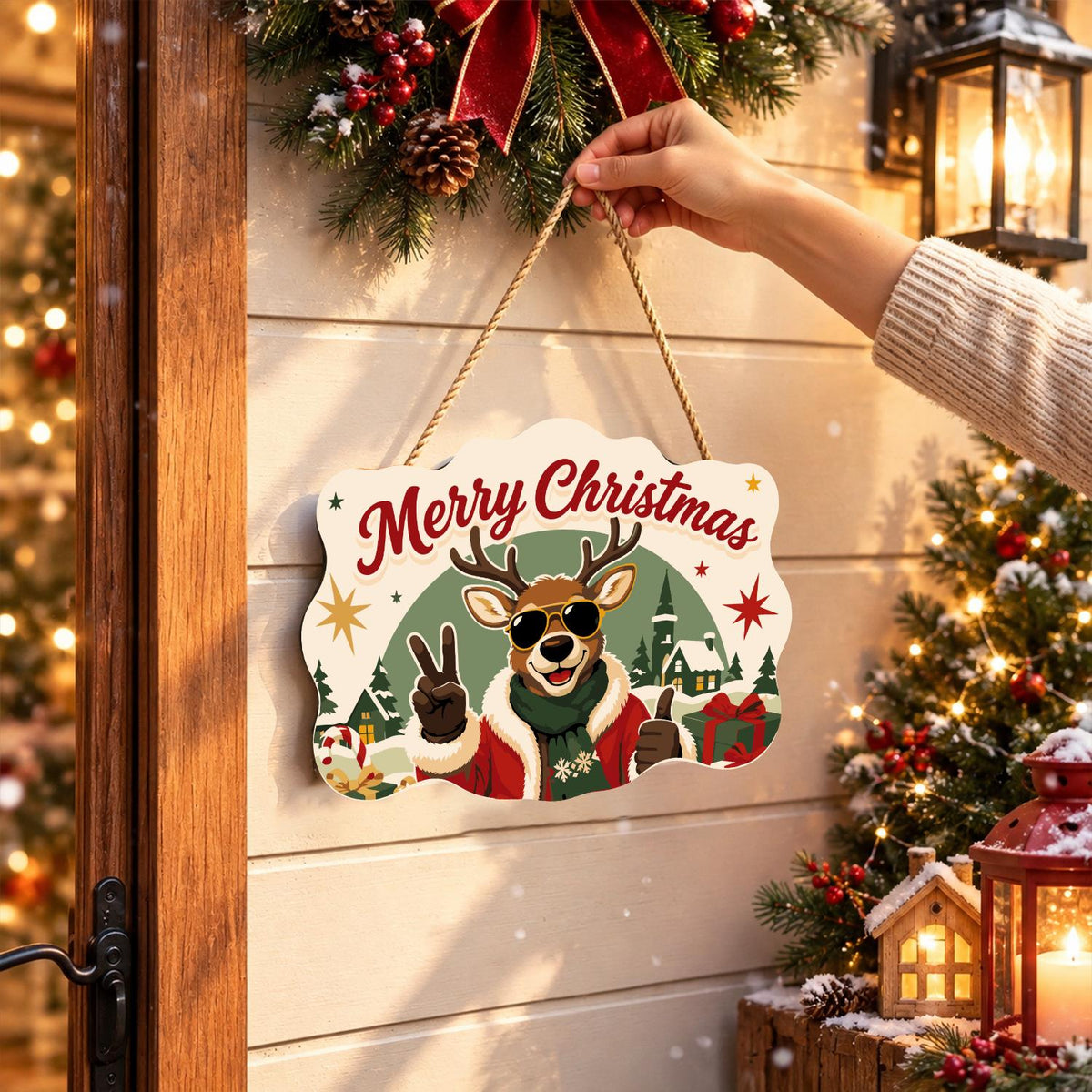 Peace-Out Reindeer in Santa Coat paint by numbers hanging sign – image 14